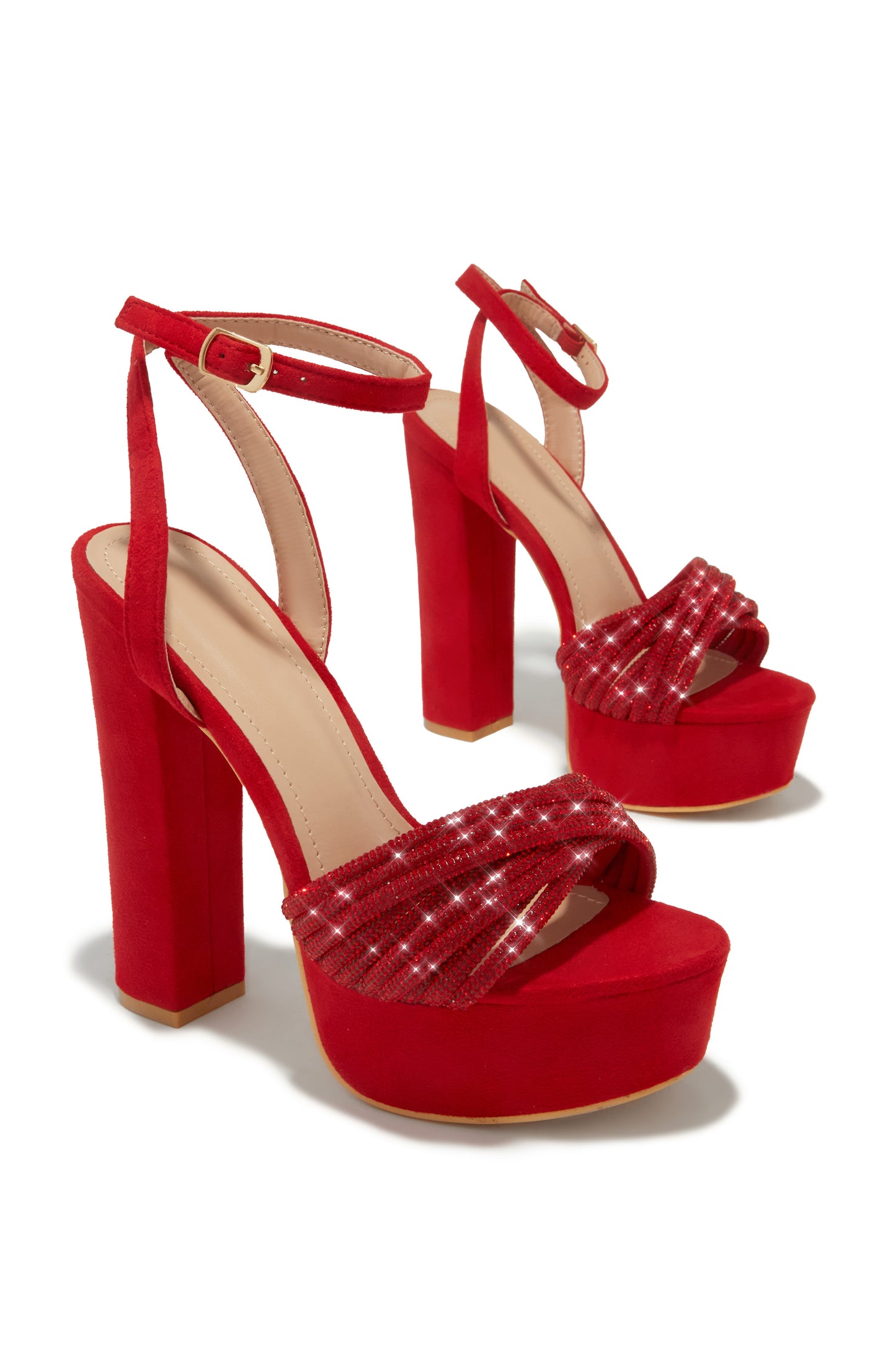 Arianna Embellished Platform Block Heels - Red