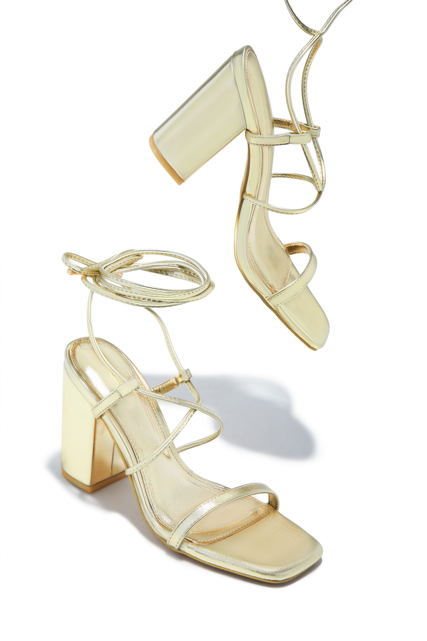 Aria Lace Up Block Heels - Gold